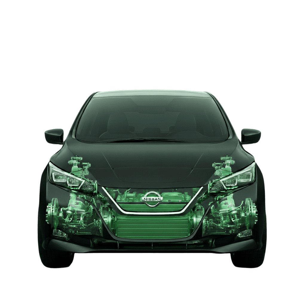 Sleek dark sports car with transparent body revealing internal suspension and wheel components